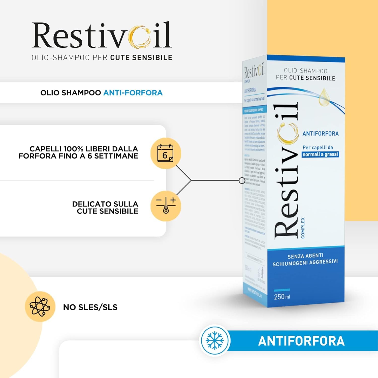 RestivOil shampoo bottle with label emphasizes gentle cleansing.