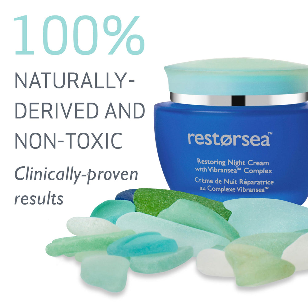 Restorsea Restoring Night Cream jar closeup highlights rich texture ideal for sensitive skin.