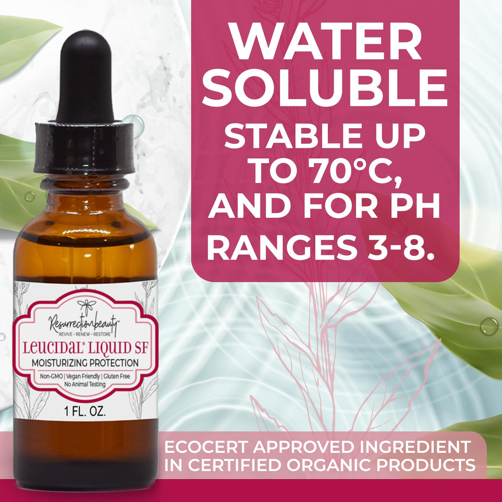 RESURRECTIONbeauty Leucidal Liquid SF jar showing versatile water-soluble actives for formulations