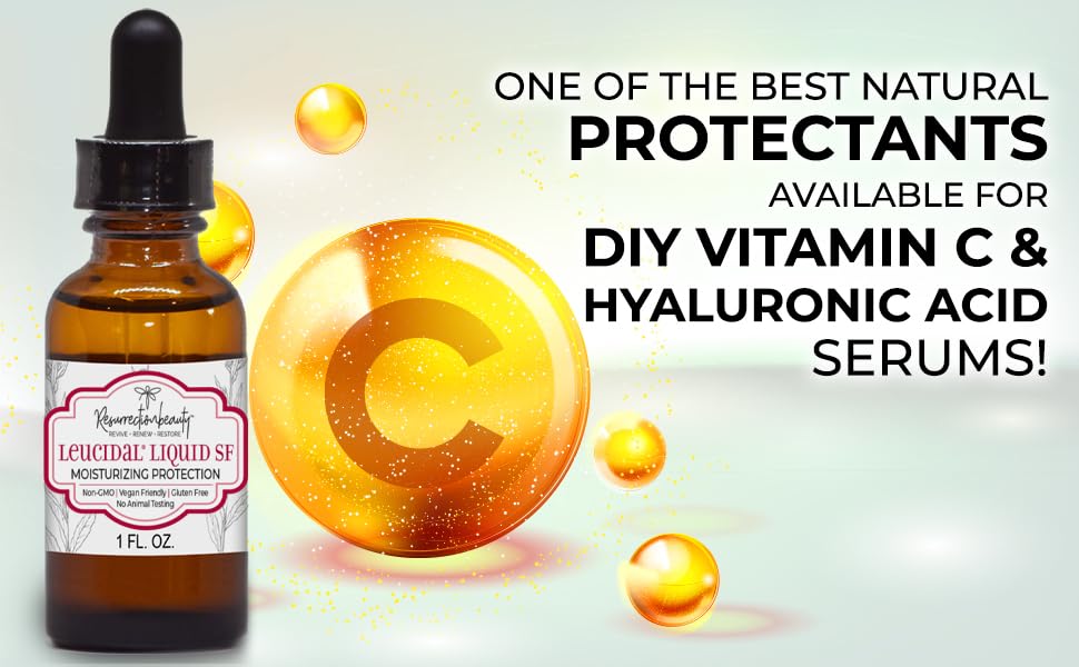 RESURRECTIONbeauty Leucidal Liquid SF packaging emphasizing clean, organic-ready ingredient