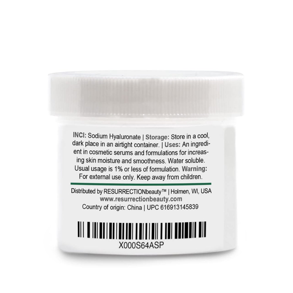 RESURRECTIONbeauty HA powder packaging highlights safe usage and storage
