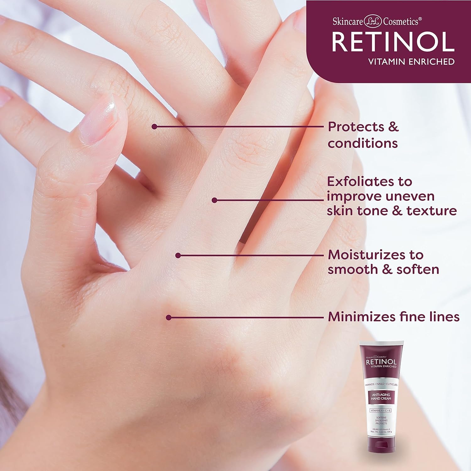 Retinol Hand Cream vitamin-enriched formula with green tea and vitamins A, C & E.