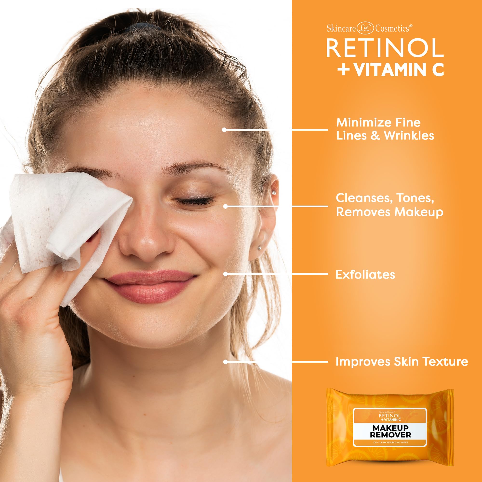 Close-up of a LIVAURA wipe removing makeup and sunscreen gently.