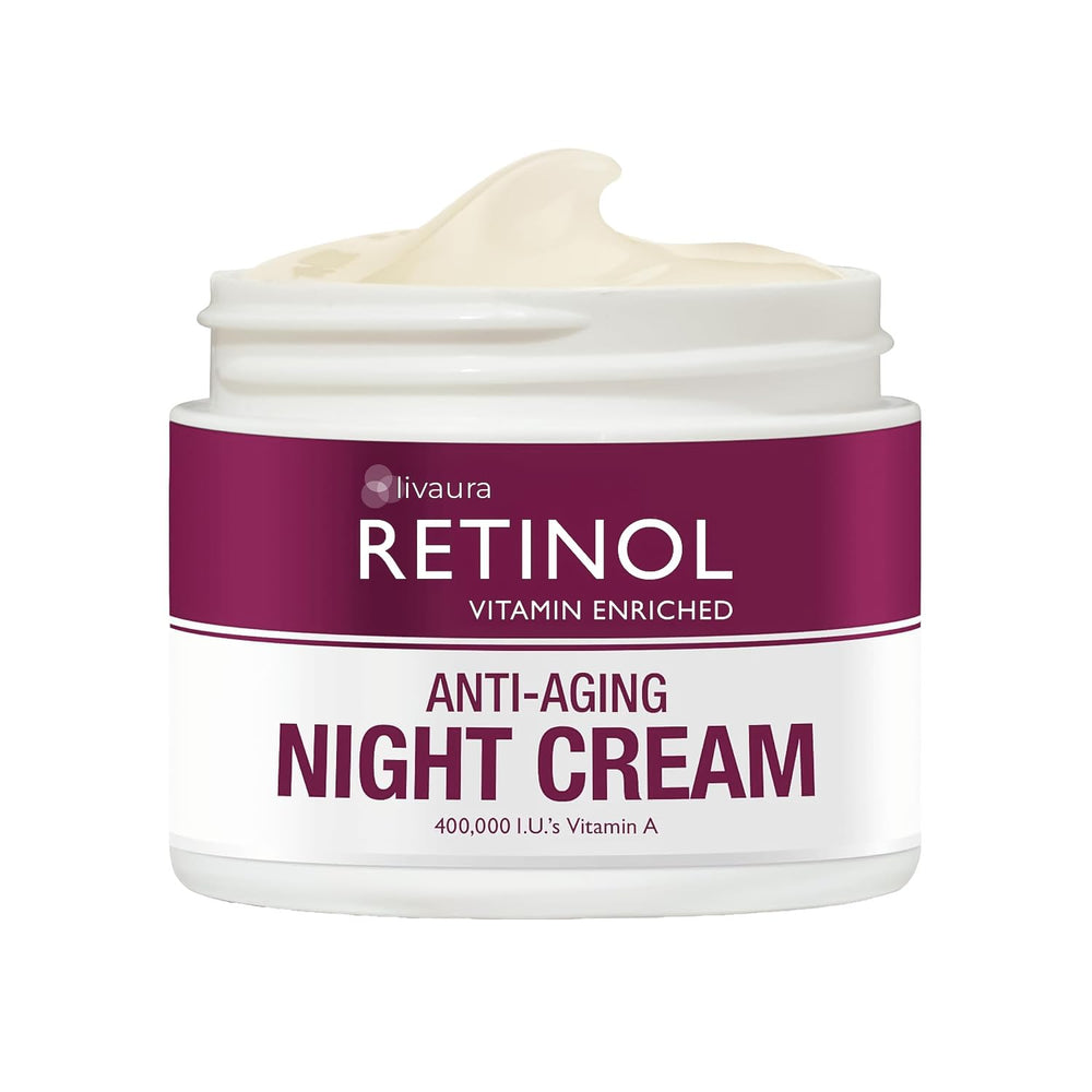 Retinol LIVAURA Night Cream bottle showing rich texture for overnight hydration.