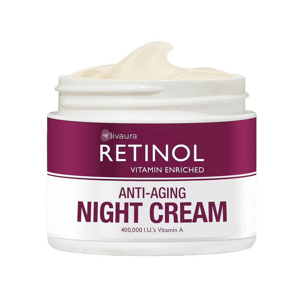 Retinol LIVAURA Night Cream bottle showing rich texture for overnight hydration.