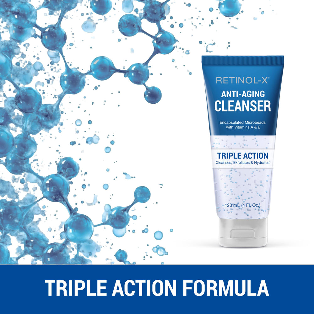 RETINOL-X Gel Cleanser back label detail highlighting model FW26204 and gentle exfoliation.