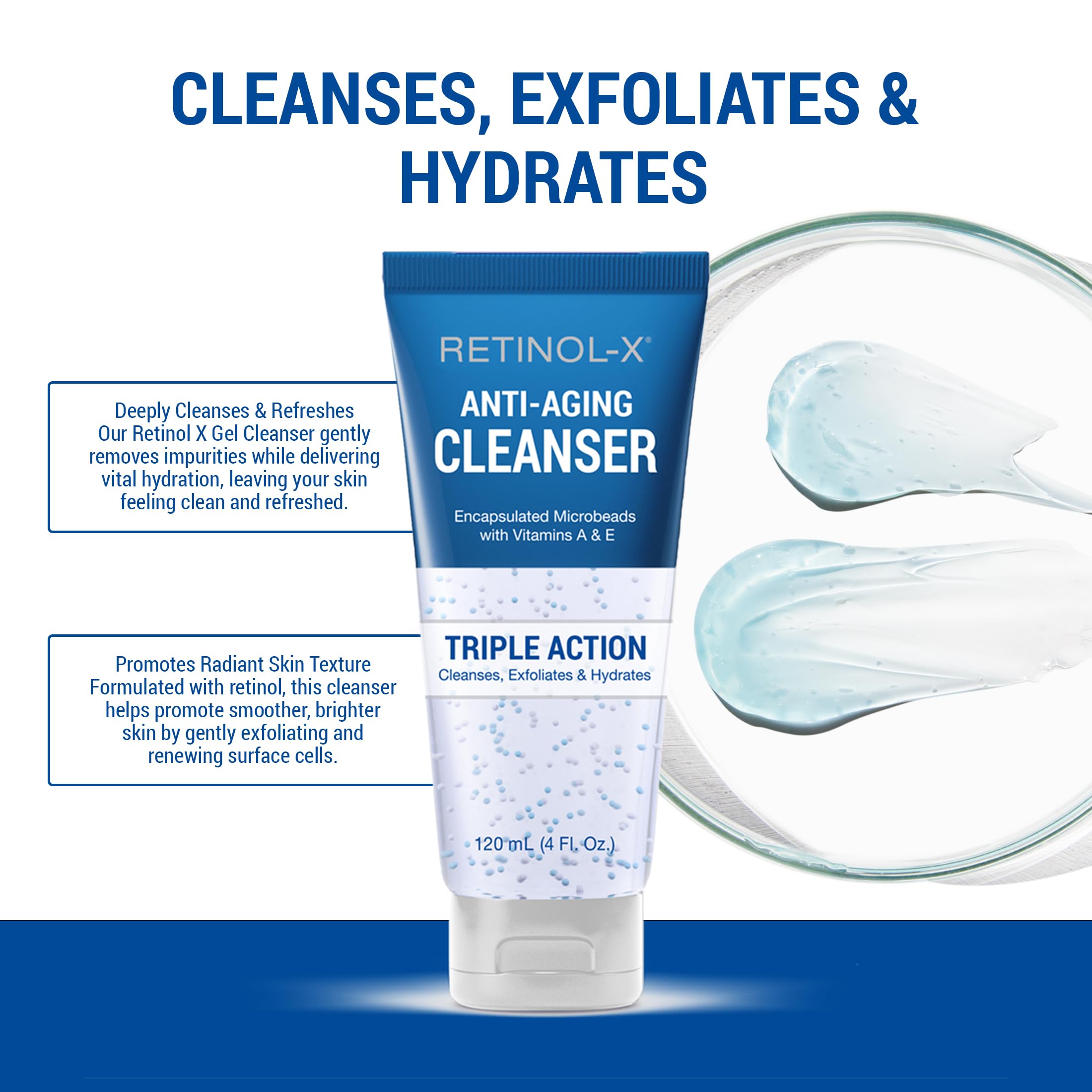 RETINOL-X Anti-Aging Gel Cleanser texture closeup showing smooth gel with micro-beads.