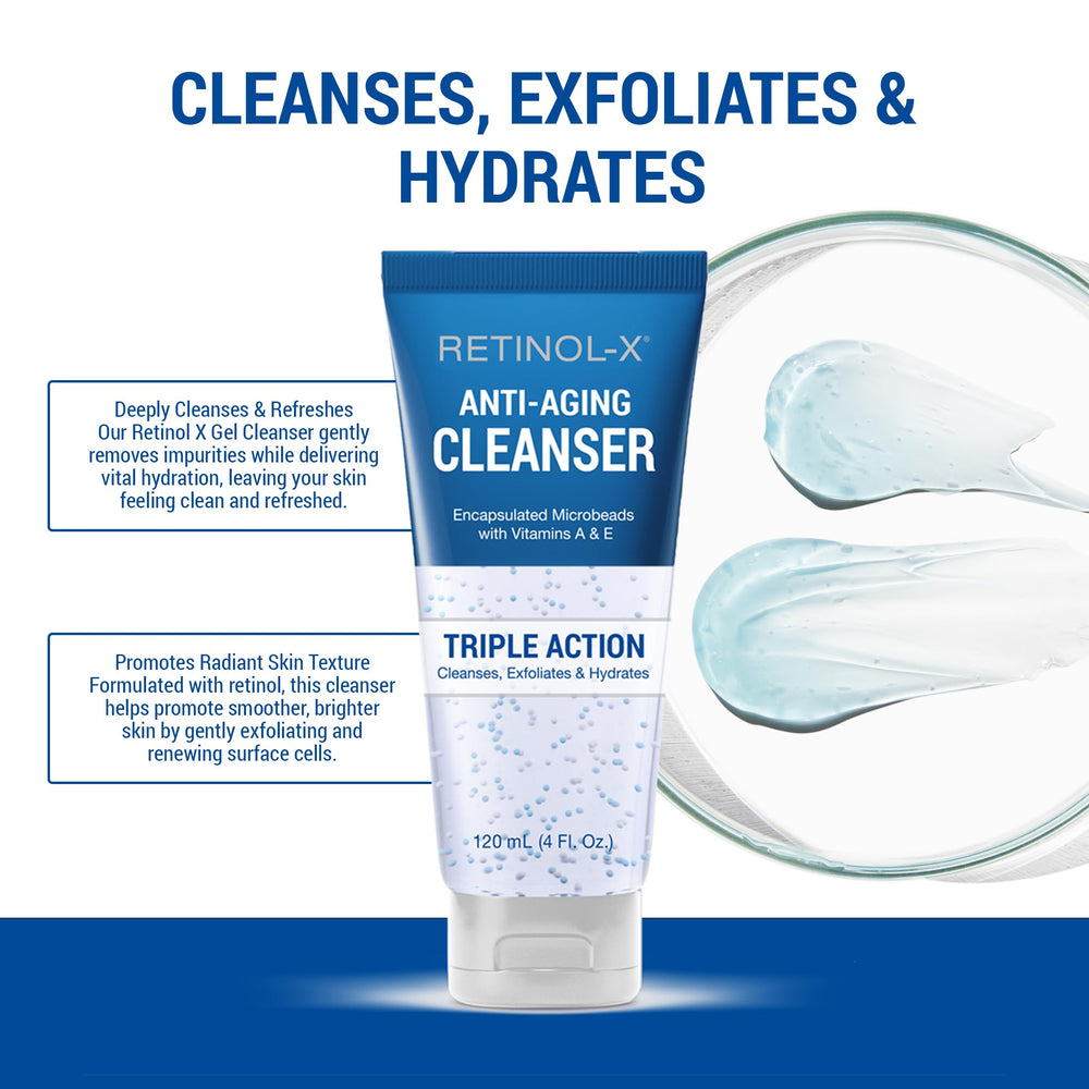 RETINOL-X Anti-Aging Gel Cleanser texture closeup showing smooth gel with micro-beads.
