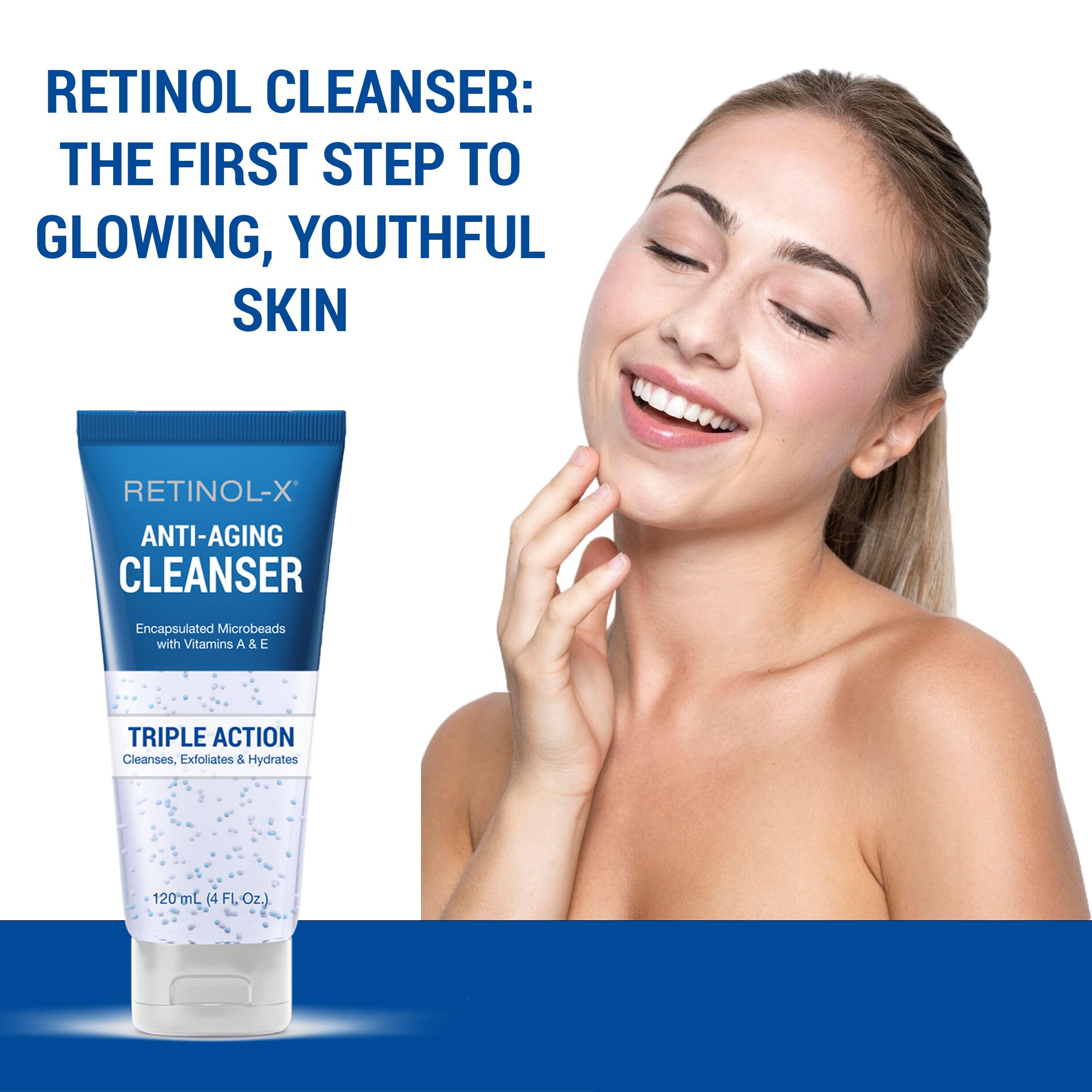 RETINOL-X cleanser with water splash showing refreshing cleansing moment.