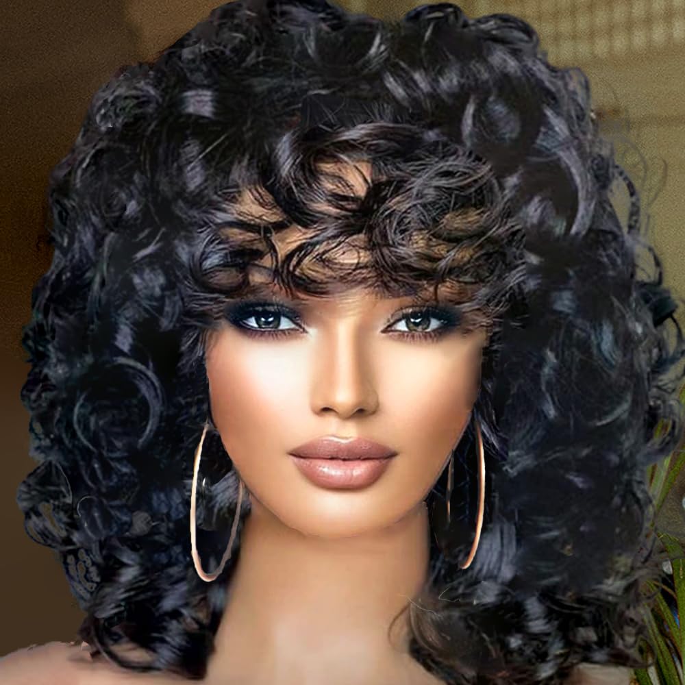 Retoleca short curly wig with bangs, natural black, 14 inch, ideal for daily wear.