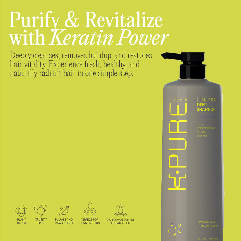 Rev320 Clarifying Deep Shampoo foamy lather demonstrating gentle cleansing for oil-prone scalps
