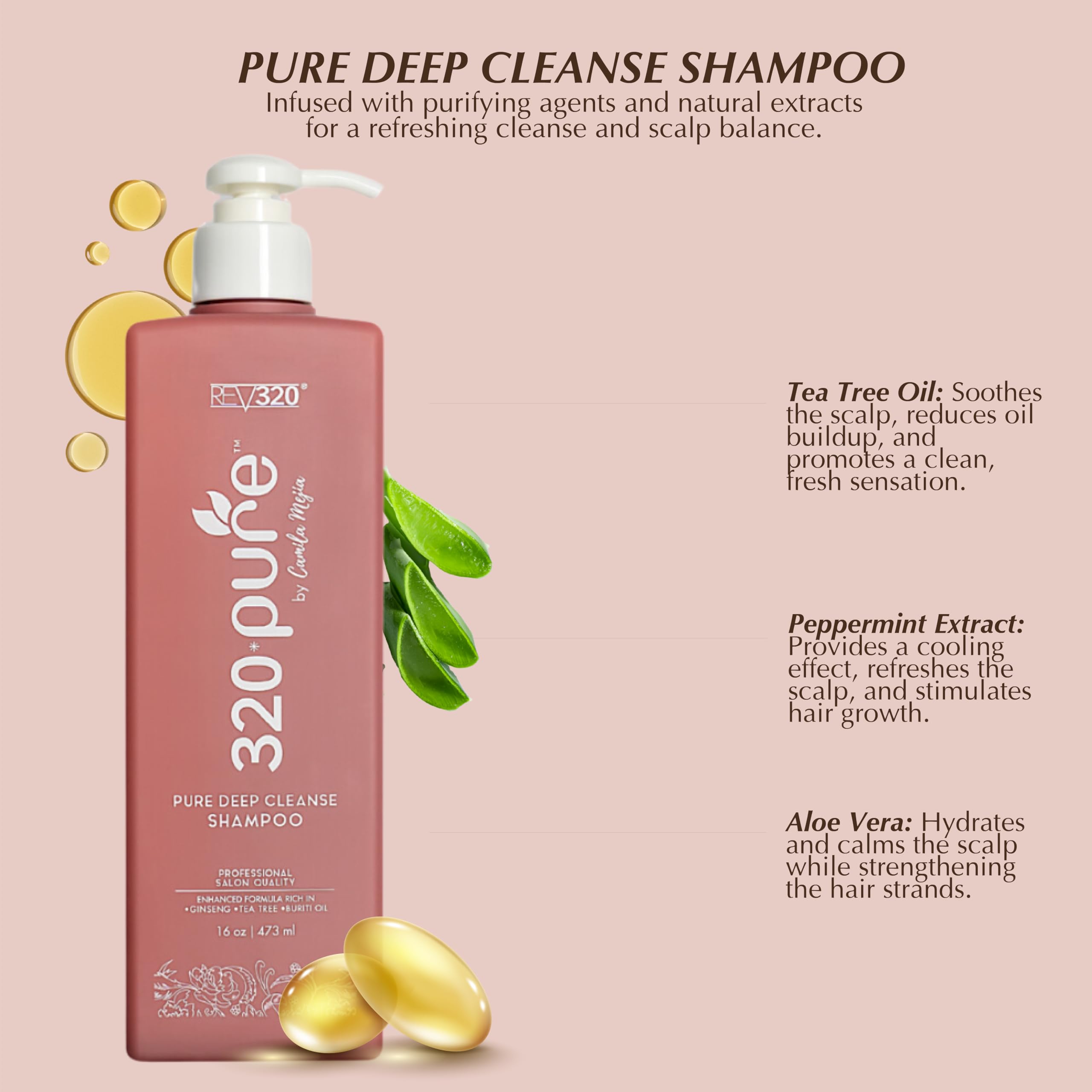 Rev320 Pure Deep Cleanse bottle with water swirl demonstrating build-up removal
