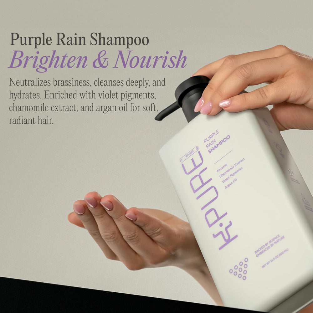 Rev320 Purple Rain bottle on sink hints salon-quality results