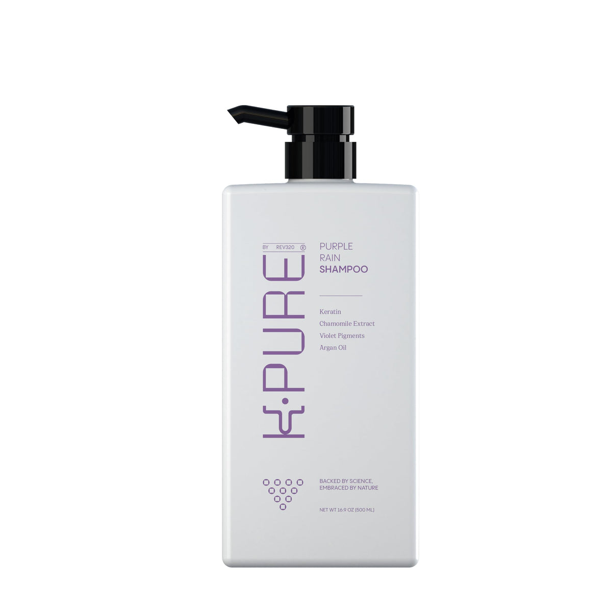 Rev320 Purple Rain Shampoo bottle front shows sulfate-free formula for color-treated hair