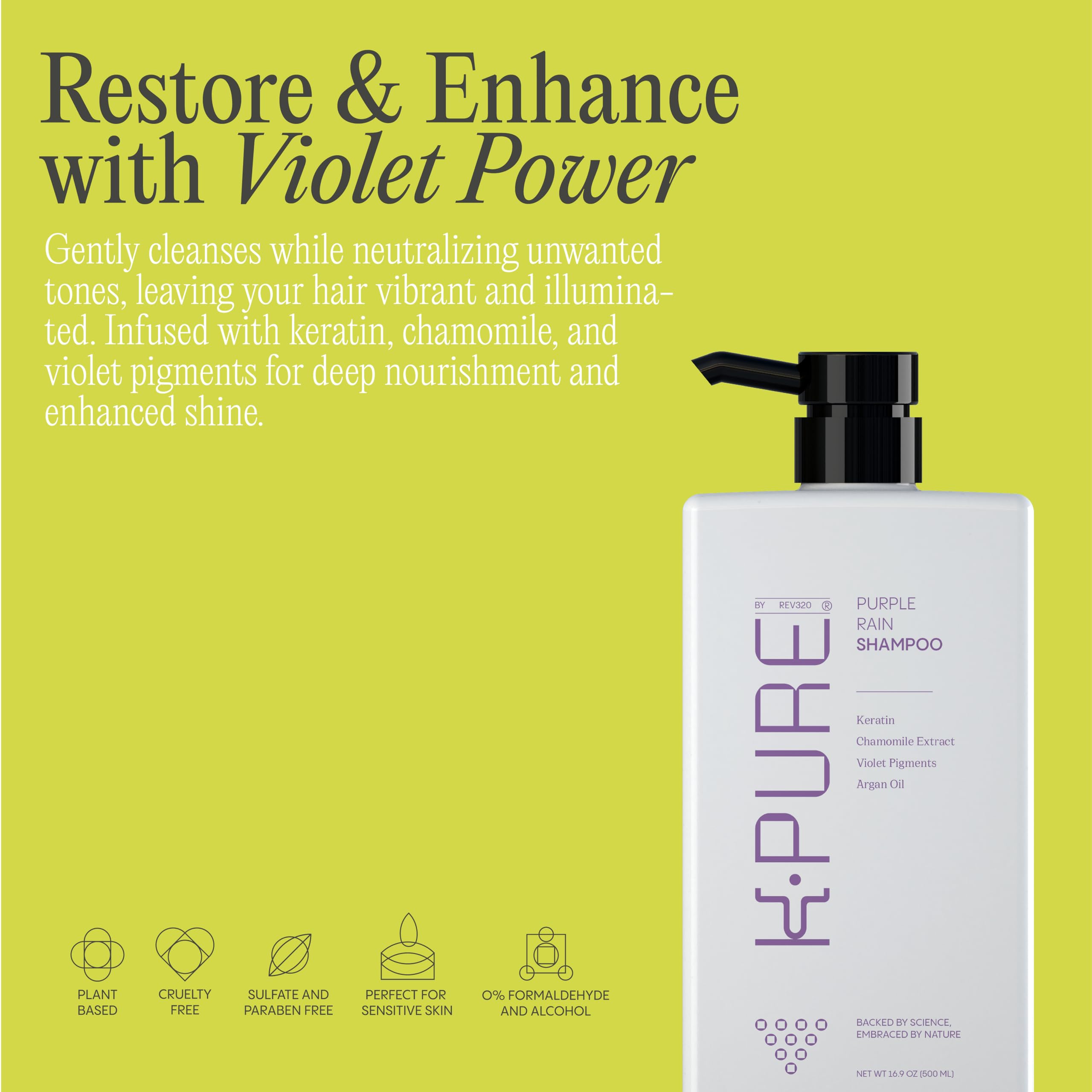 Rev320 Purple Rain bottle side highlights keratin-enriched care for damaged hair
