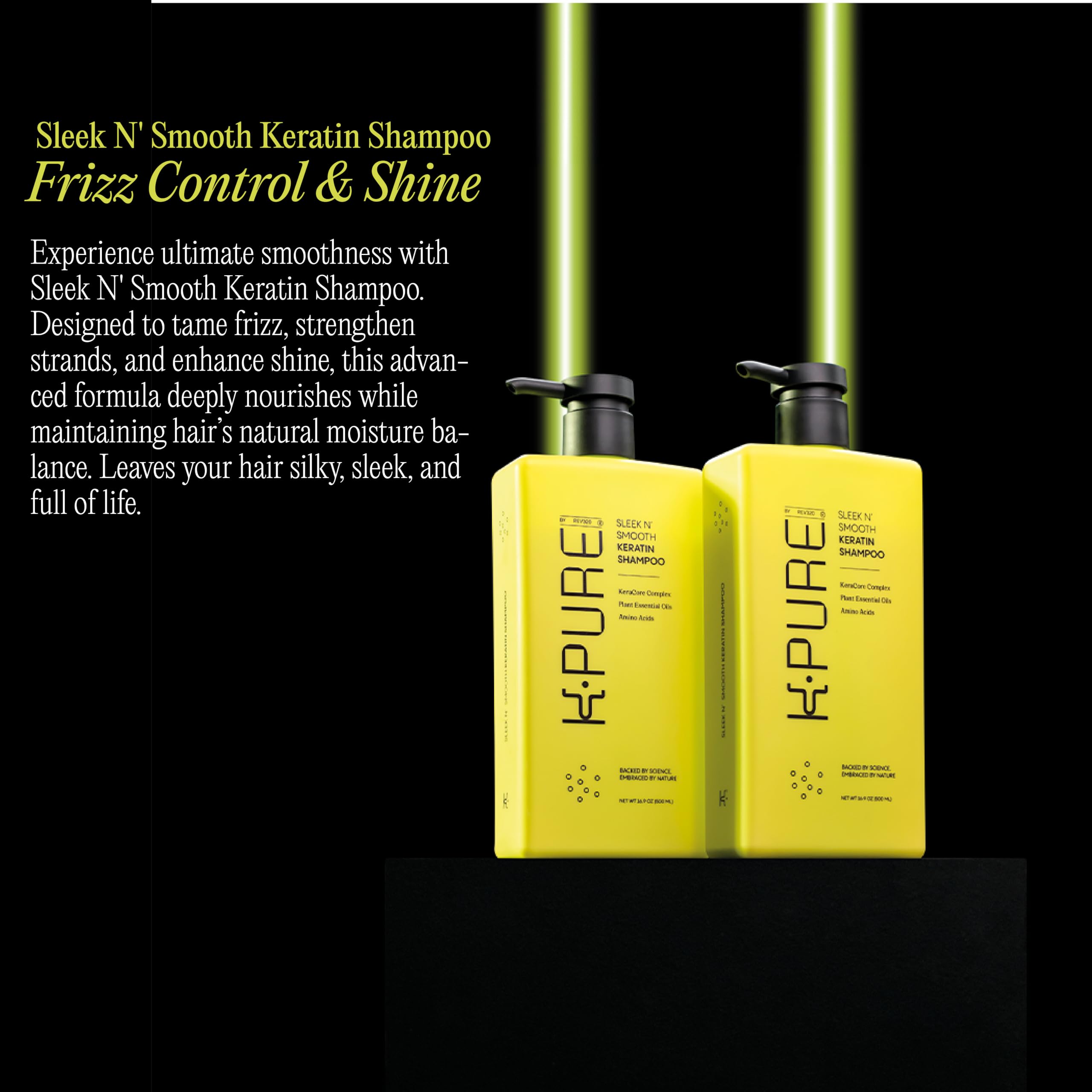 Rev320 Sleek N' Smooth keratin shampoo argan-oil-blend nourishes strands with premium hydration.
