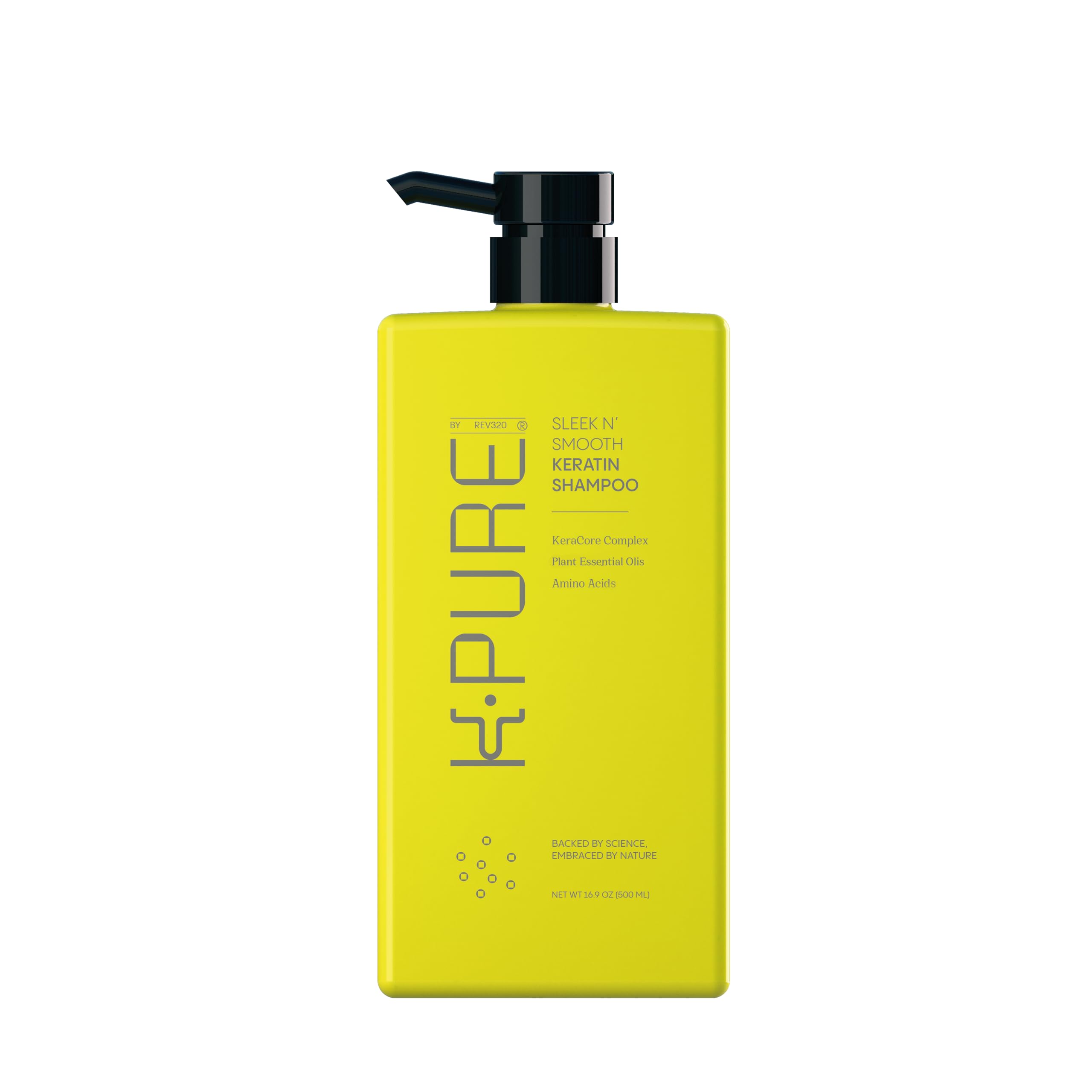Rev320 Sleek N' Smooth keratin shampoo bottle showing sulfate-free formula for frizz control.