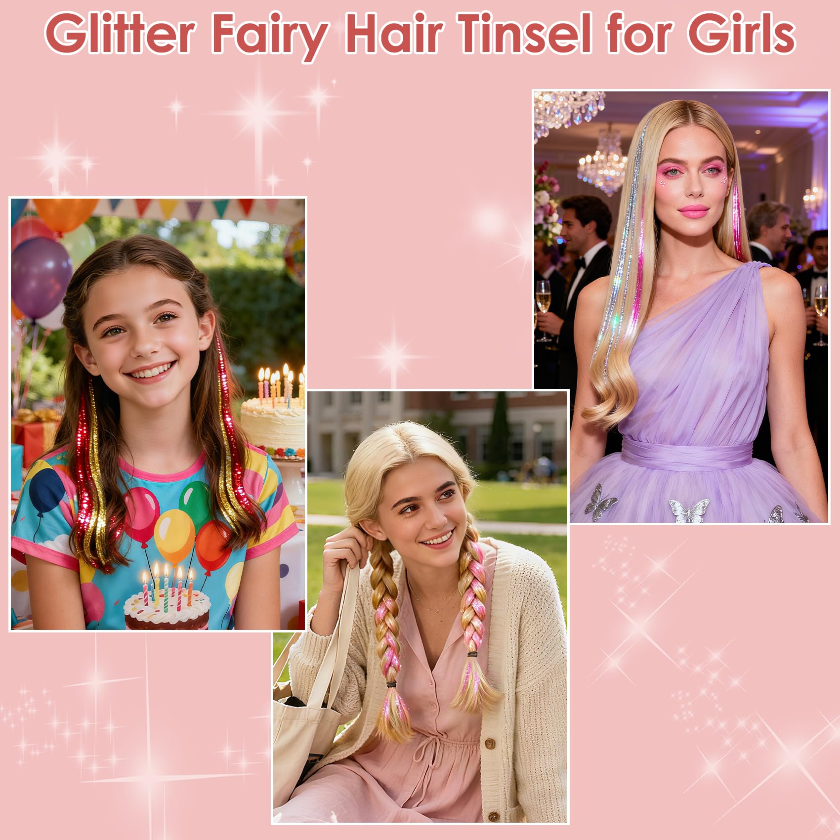 Revahope rainbow gradient tinsel creates bold, playful styles.