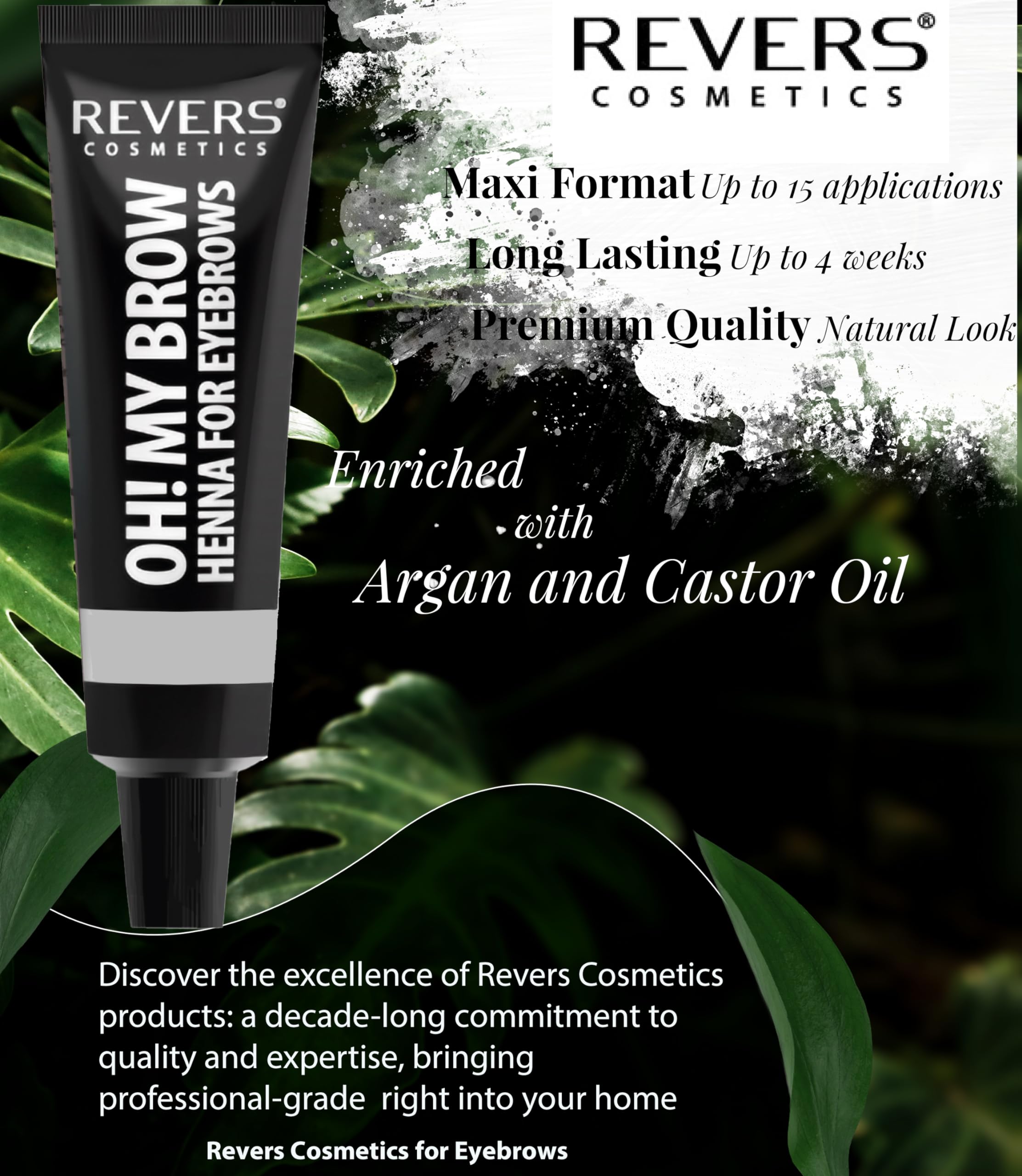 Revers applicator bottle with comb for precise eyebrow and lash tinting.