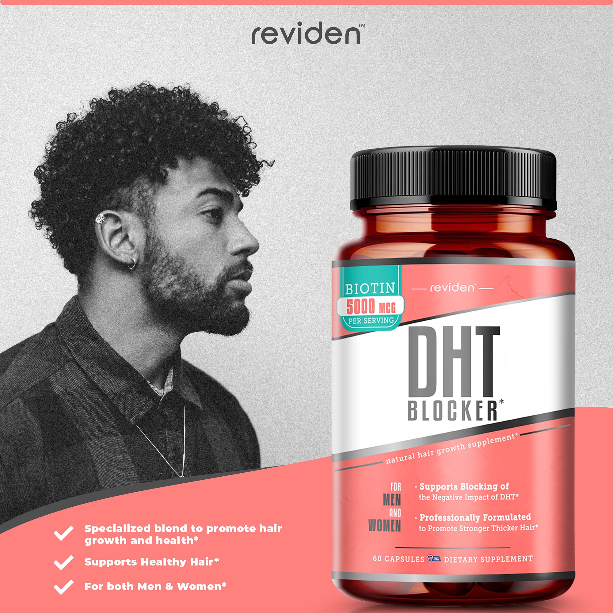 REVIDEN hair growth packaging displays USA-made GMP-certified cruelty-free supplement.