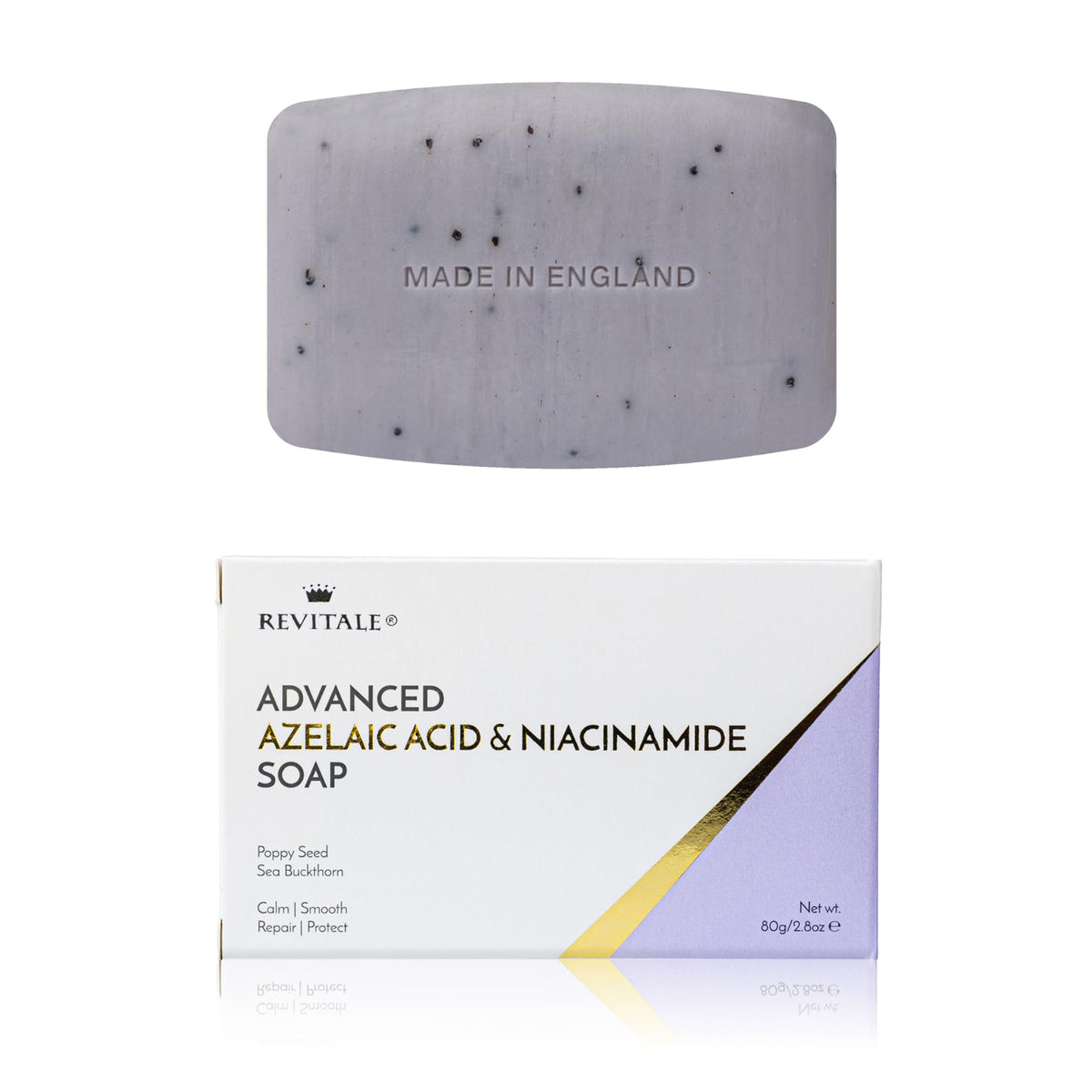REVITALE soap close-up with blue poppy seeds showing gentle cleansing for radiant skin