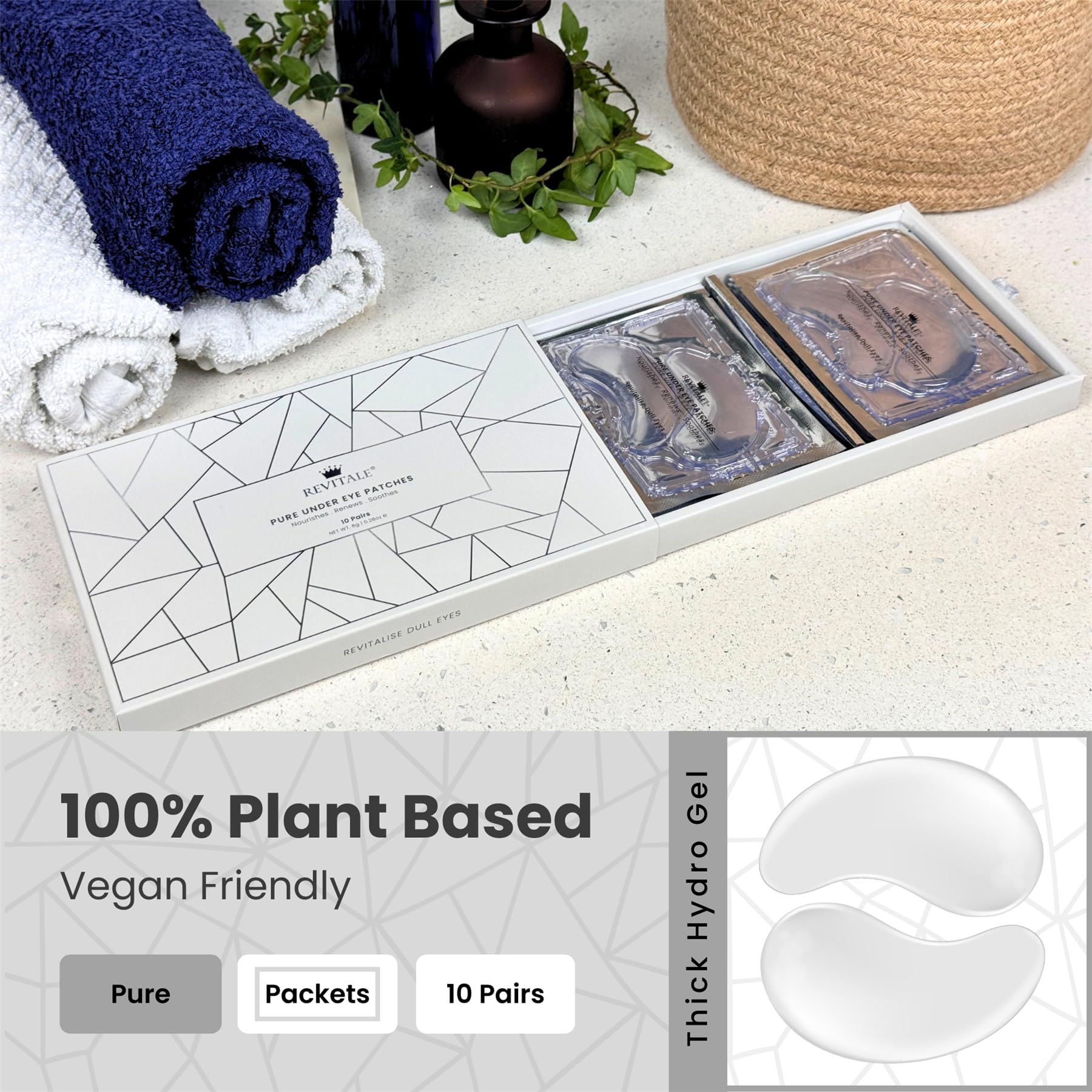 REVITALE patches infused with Hyaluronic Acid for deep hydration around the eyes.