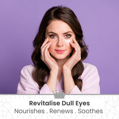 Close-up of REVITALE patches reveals smooth texture and nourishing ingredients for under-eye care.