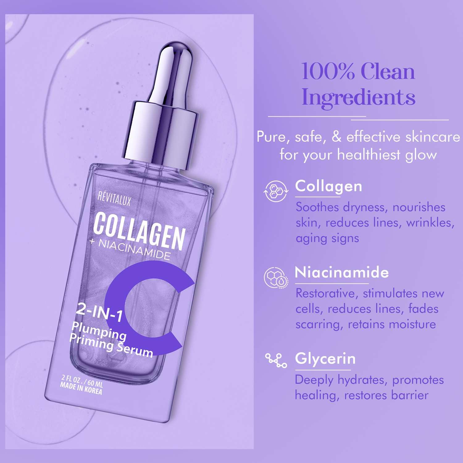RevitaLux serum droplet close-up highlights hydrating, plumping action.