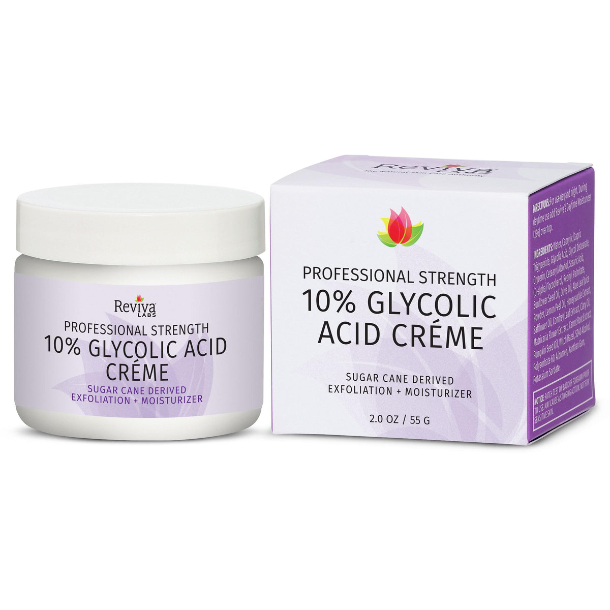 Reviva Labs 10% Glycolic Acid Creme bottle front for daily exfoliation.
