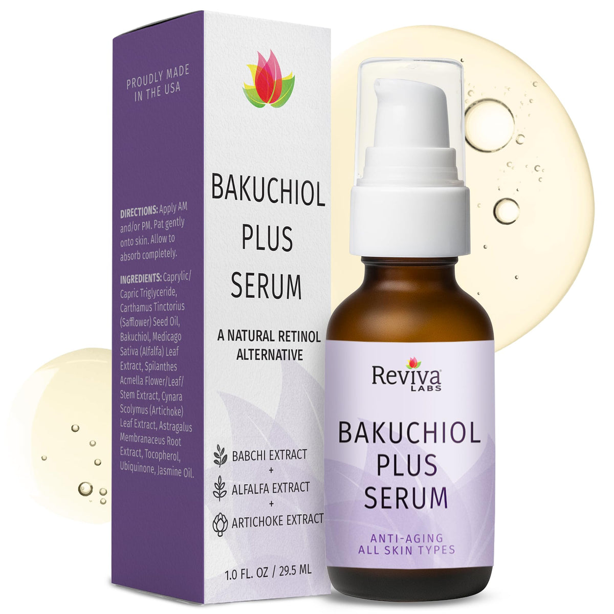 Reviva Labs Bakuchiol Serum bottle showcasing vegan formula for smoother skin