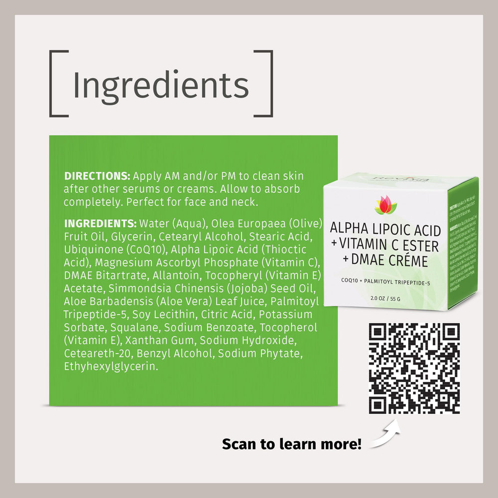 Ingredients highlight alpha lipoic acid in Reviva Labs DMAE Cream for antioxidant support
