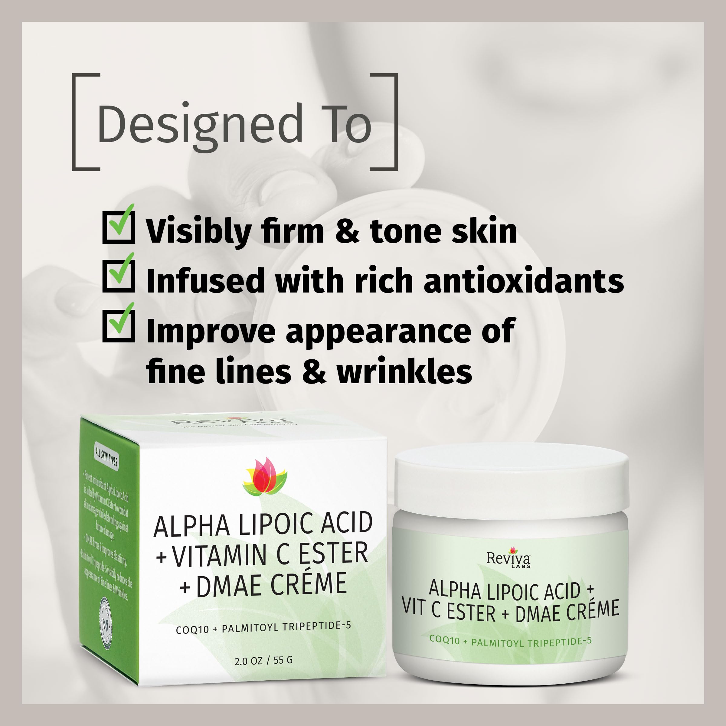 Neck area visual with Reviva Labs DMAE Cream suggests lifting and toning</