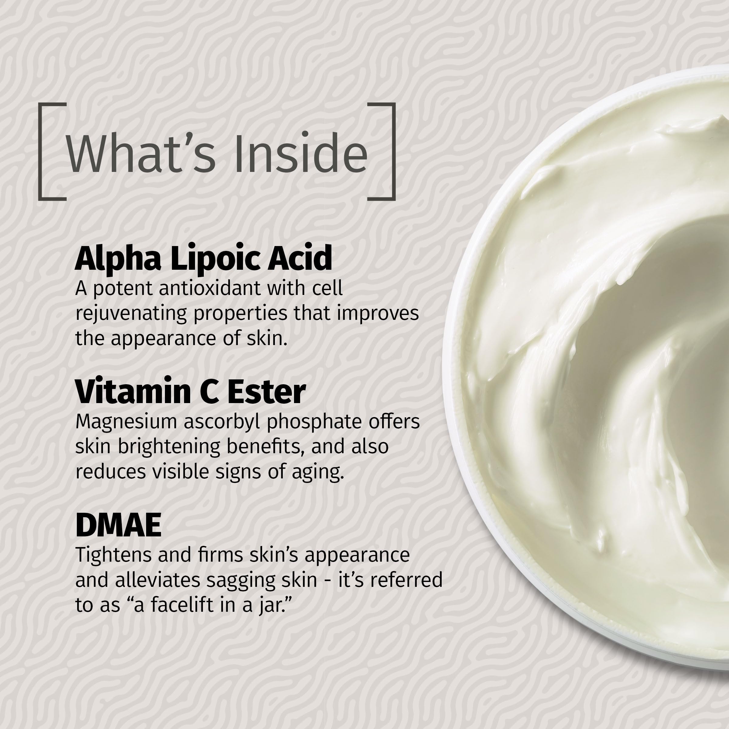Vitamin C ester emphasis in Reviva Labs DMAE Cream for brightening and radiance