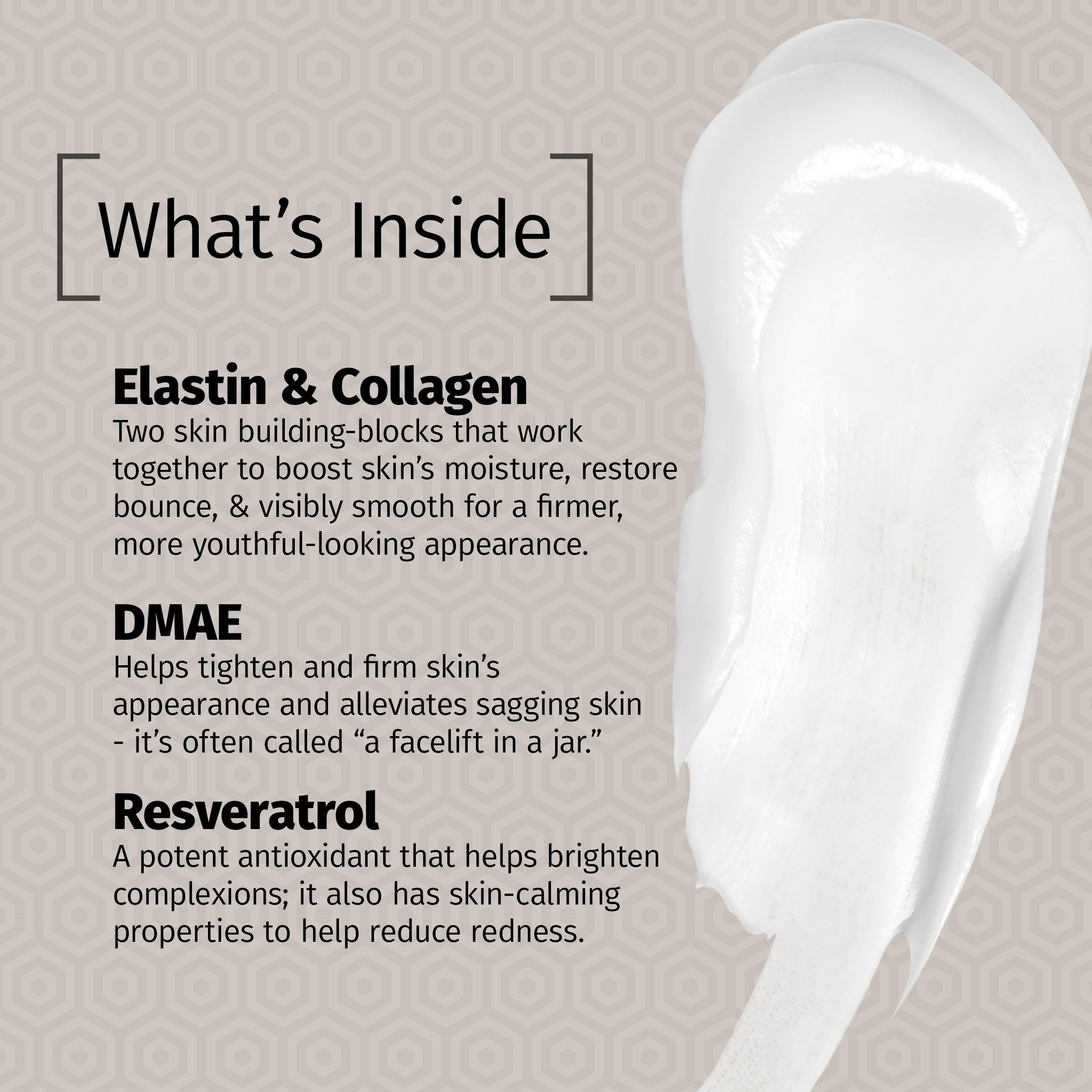 Reviva Labs Elastin & Collagen Lotion label close-up highlighting elastin and collagen.