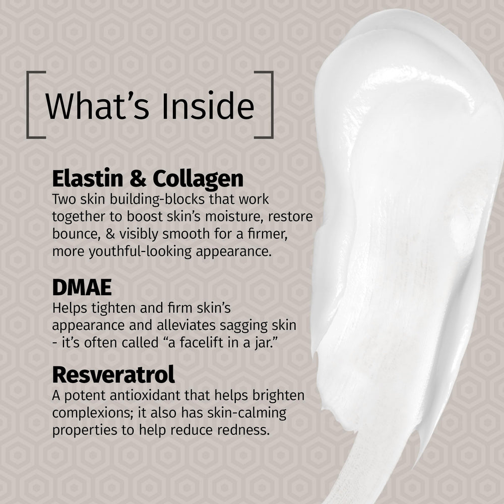 Reviva Labs Elastin & Collagen Lotion label close-up highlighting elastin and collagen.