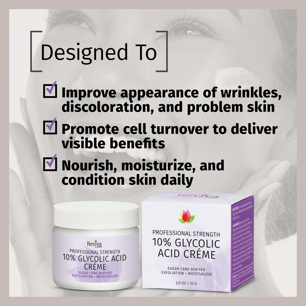 Label closeup of Reviva Labs Glycolic Acid Creme with usage notes.