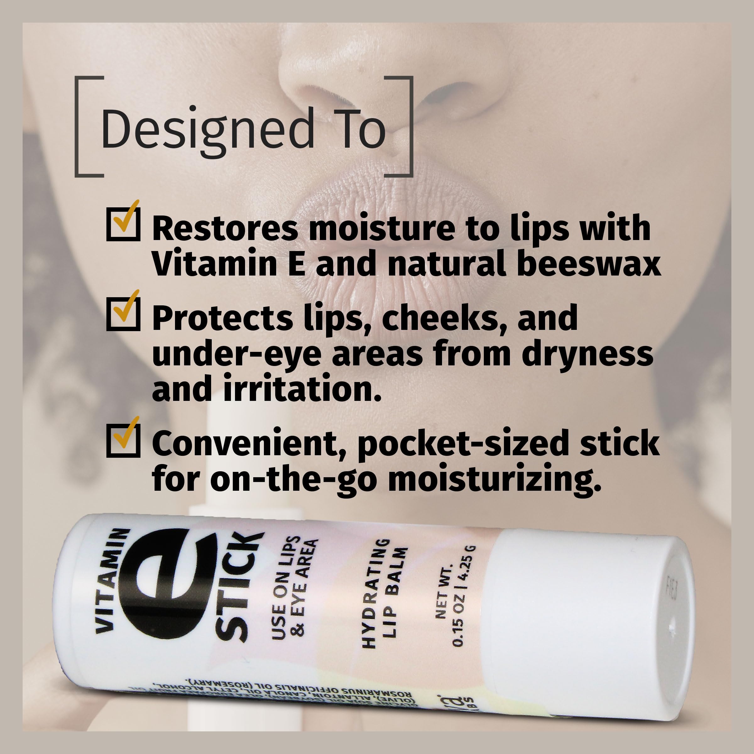 Reviva Labs Vitamin E Stick blends beeswax and shea butter for lasting moisture