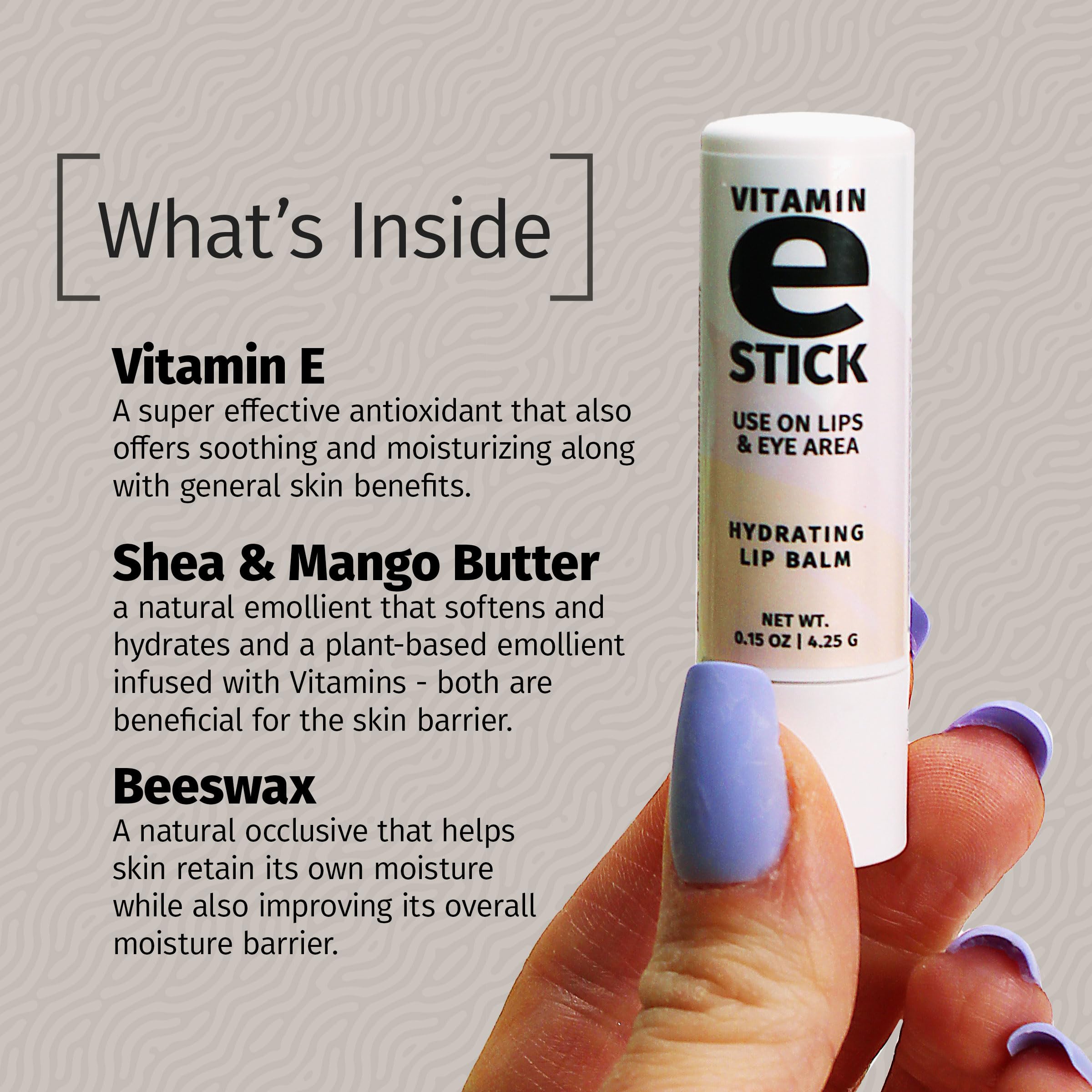 Reviva Labs Vitamin E Stick includes soy for breathable texture