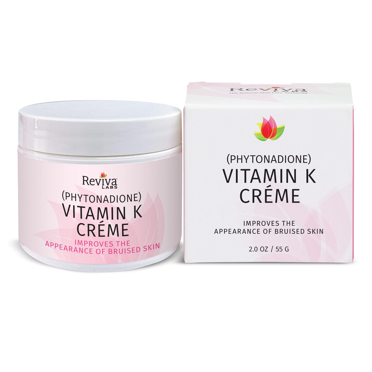 Reviva Labs Vitamin K Creme bottle close-up with rich texture for improved skin appearance.