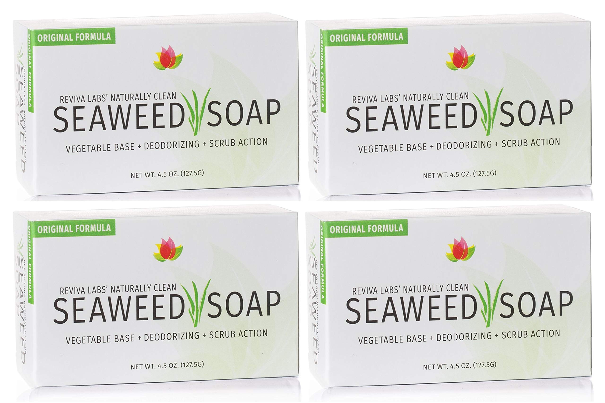 Reviva Seaweed Soap 4-pack front view highlights exfoliating bars for cleansing benefits.