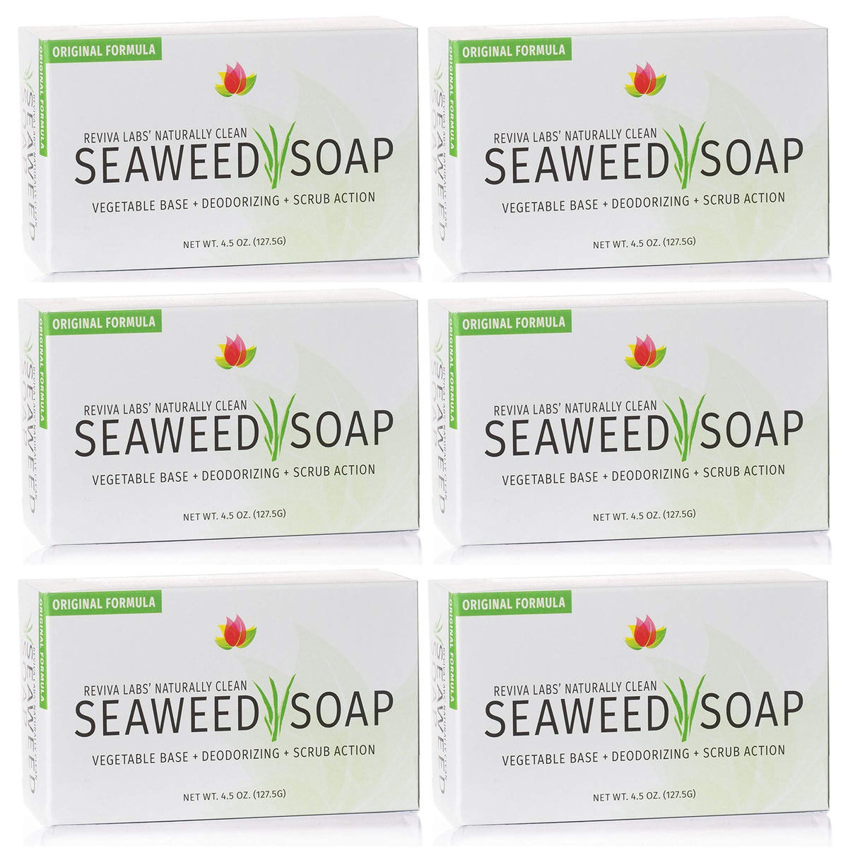Reviva Seaweed Soap 6 Pack pack shot showing a natural exfoliating bar.