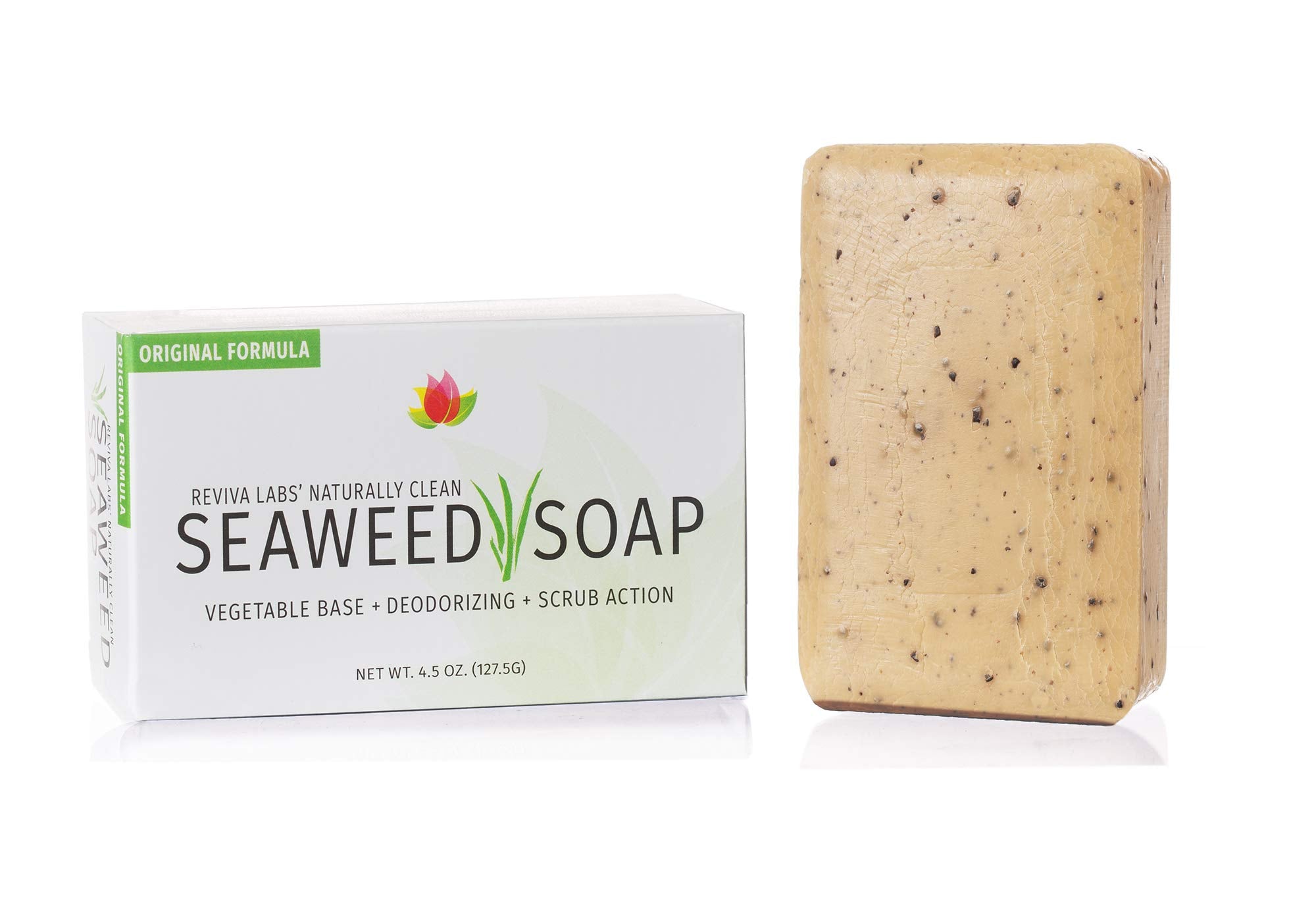 Reviva Seaweed Soap bar closeup highlighting organic seaweed and gentle exfoliation.