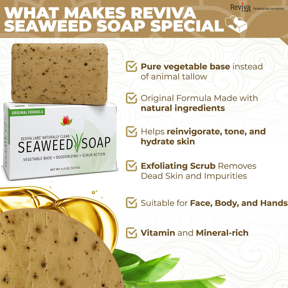 Reviva Seaweed Soap body scrub action demonstrates mineral-rich exfoliation.
