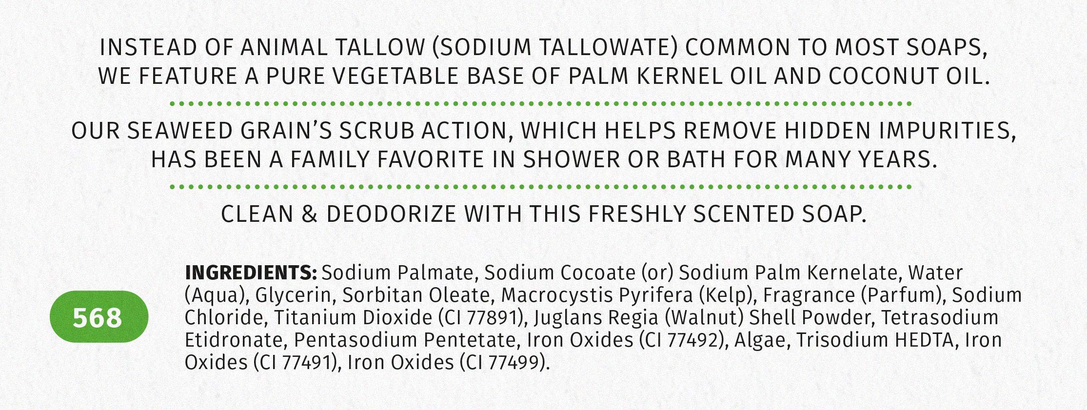 Reviva Seaweed Soap ingredients organic base with palm kernel and coconut oils.