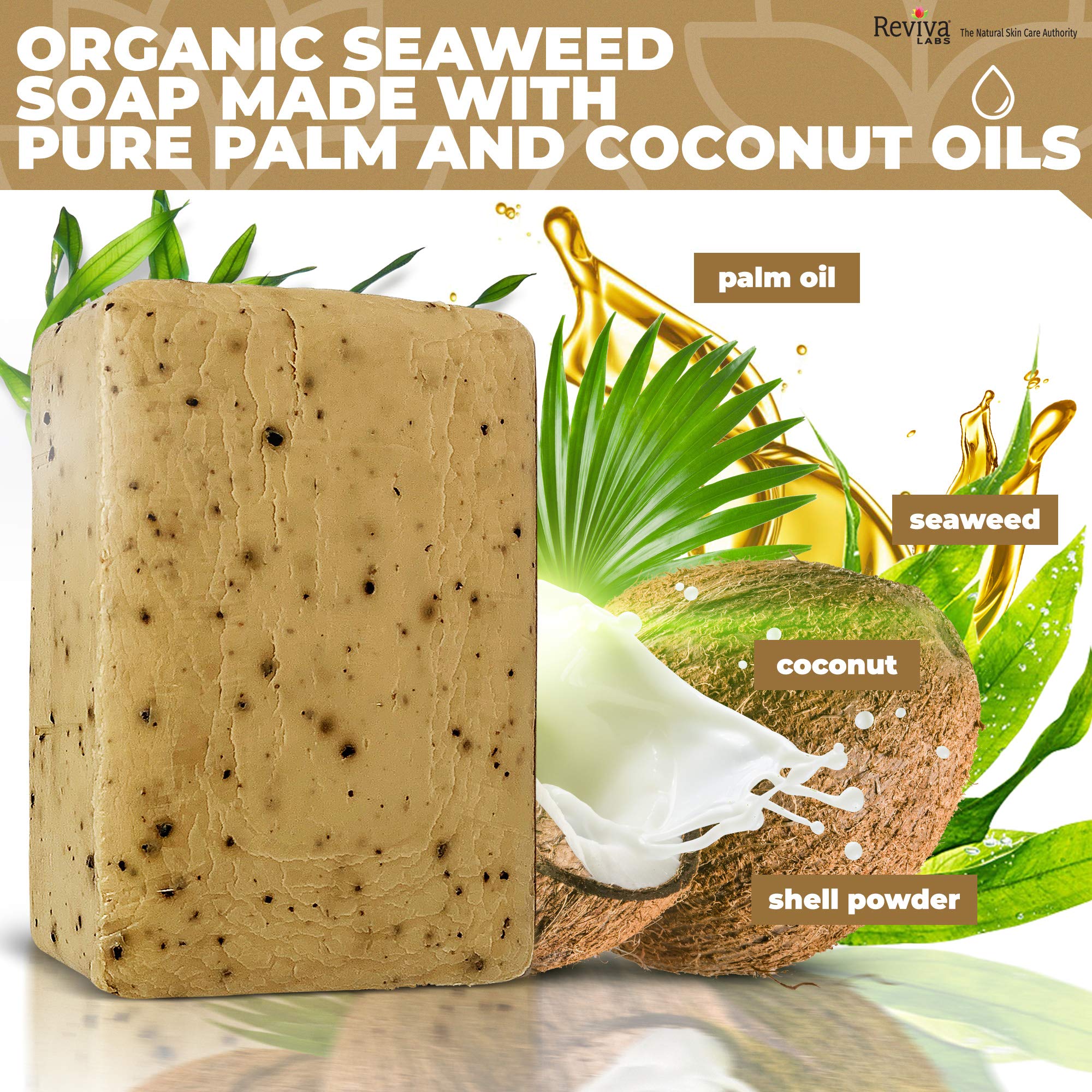 Reviva Seaweed Soap Made in USA label emphasizing local production and safety.