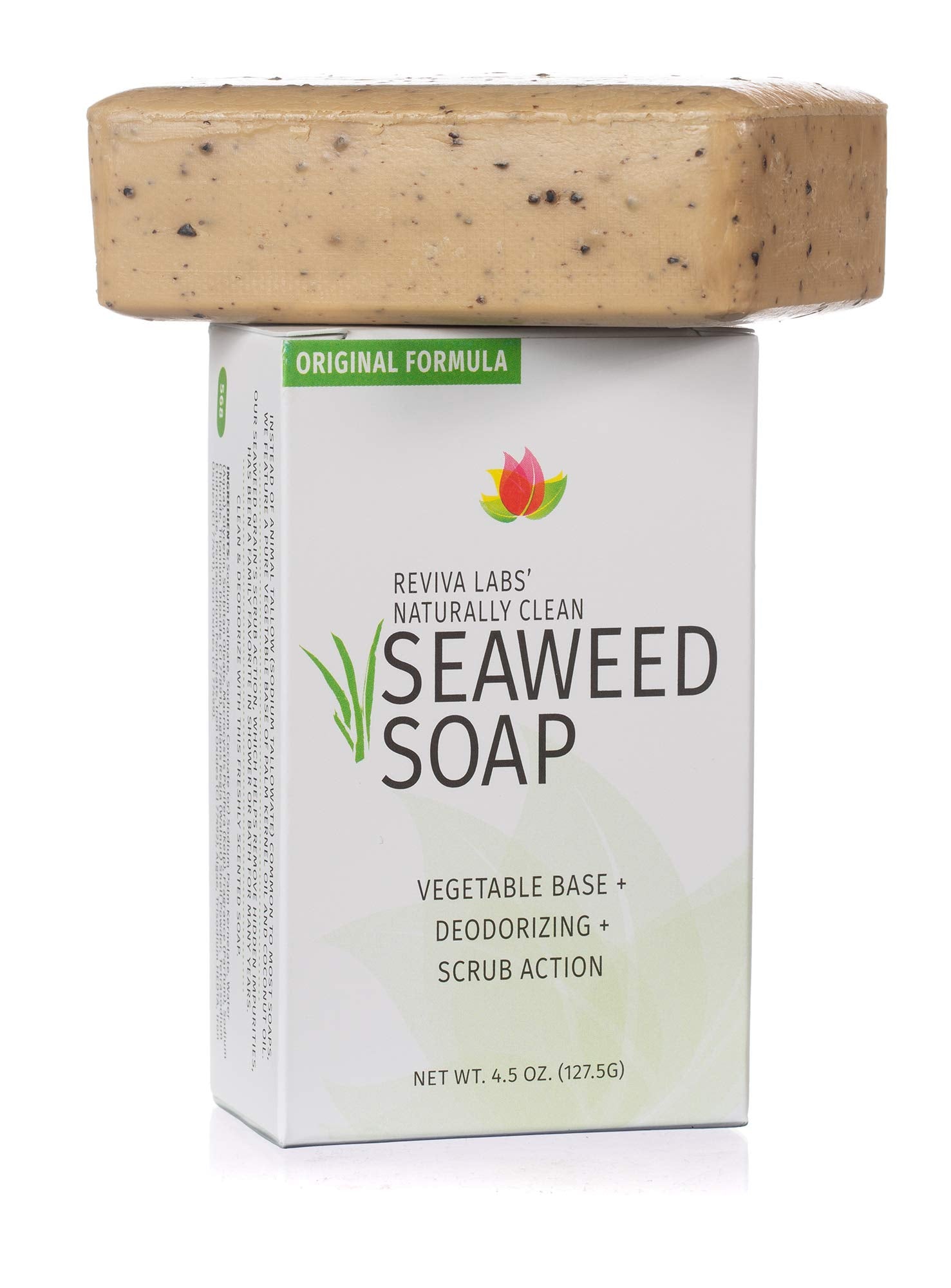 Reviva Seaweed Soap texture closeup reveals organic palm kernel and coconut oil hydration.