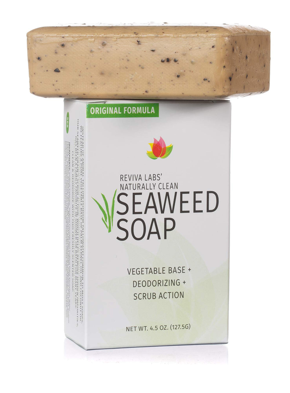 Reviva Seaweed Soap texture closeup reveals organic palm kernel and coconut oil hydration.