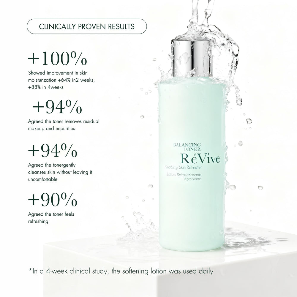 RéVive Balancing Toner on cotton pad, cleansing without drying the skin.