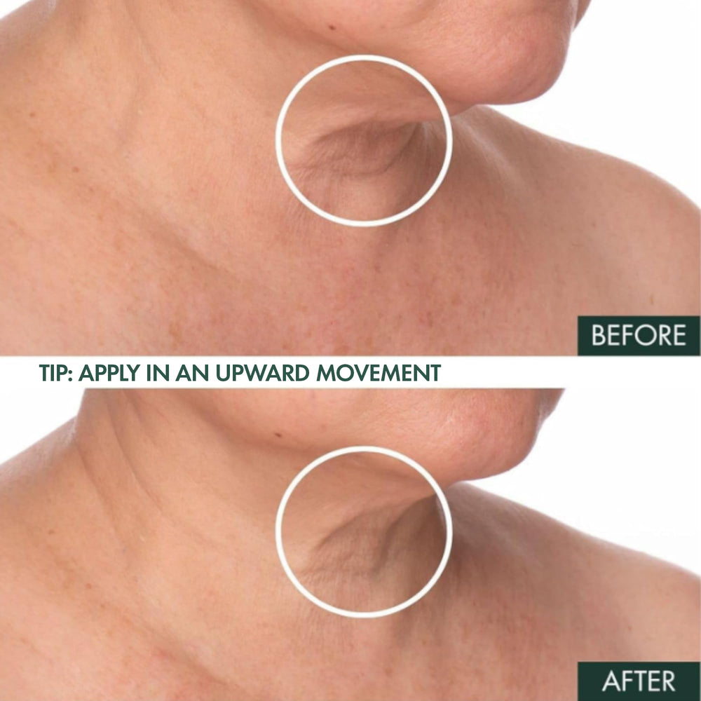 Applying RéVive Fermitif neck serum to neck and décolletage.