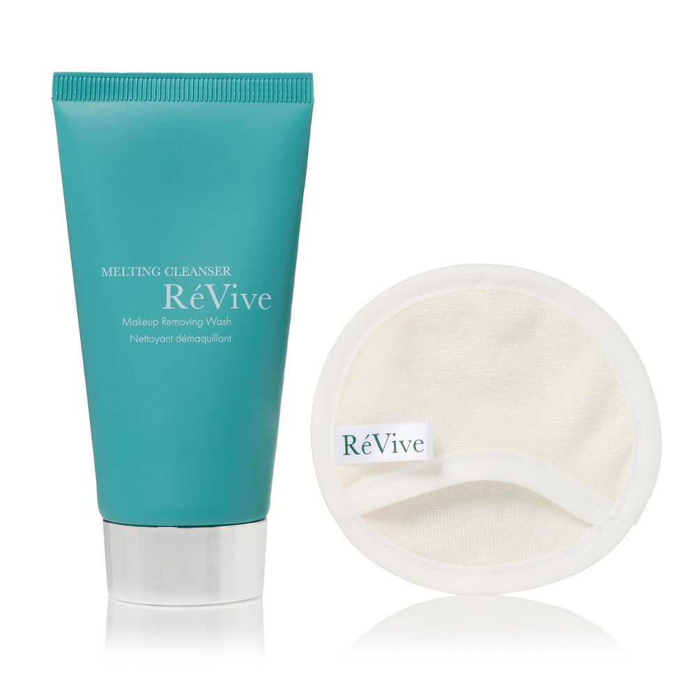 RéVive Melting Face Cleanser bottle on shelf, gentle makeup removal with hydration.